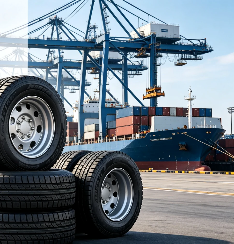 Tires and cargo ship at a port